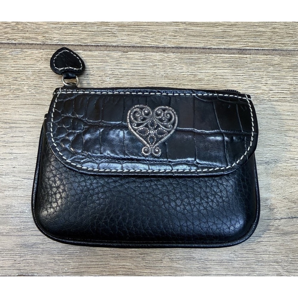VTG Brighton Black Leather Coin Purse Wallet Croc Embossed Silver Heart Flap